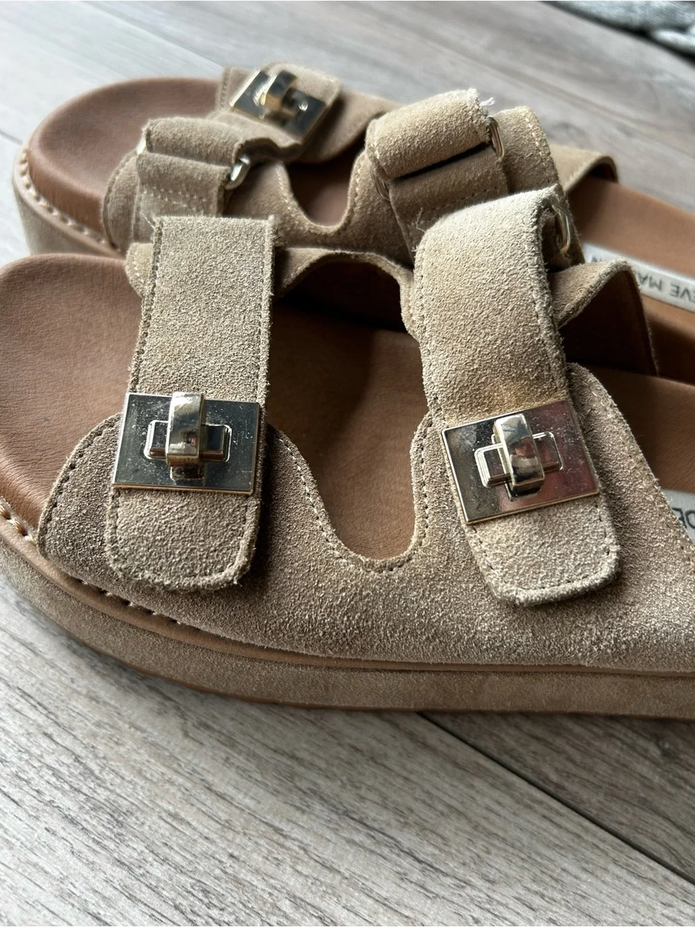 Steve Madden Taupe/Brown Double-Buckle Slide Sandals